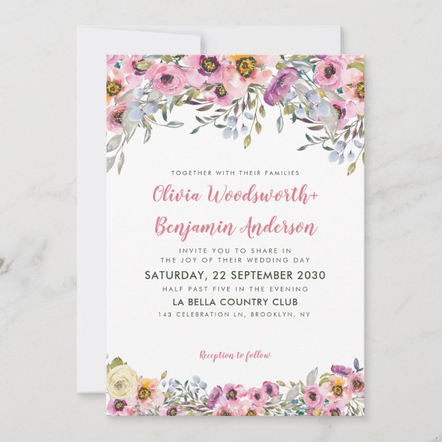 Elegante Blush Pink Peach Lavender Floral Hochzeit Einladung (Vorderseite)