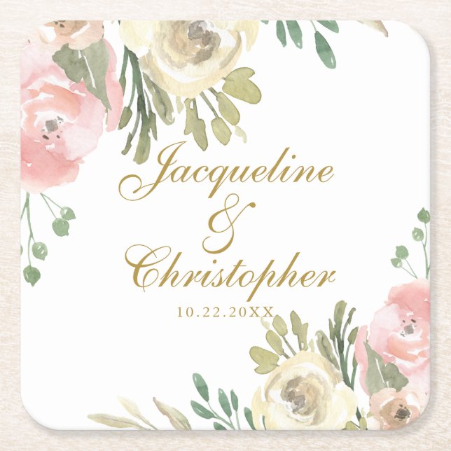 Elegante Blush Pink Peony Floral Gold Wedding Rechteckiger Pappuntersetzer (Vorderseite)
