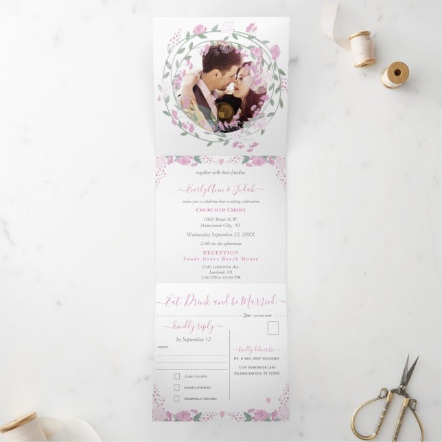 Elegante Blush Pink Peony Floral Wedding Dreifach Gefaltete Einladung (Innenseite)