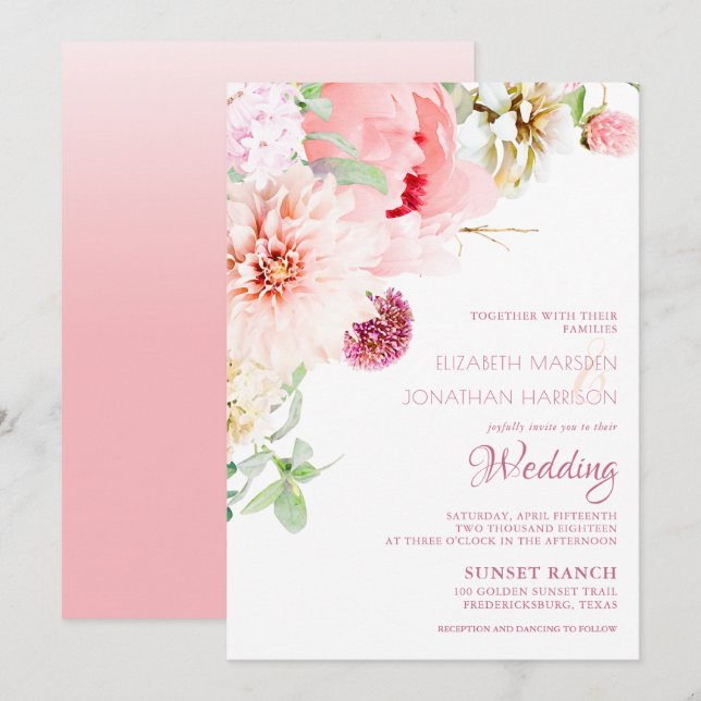 Elegante Blush Pink Peony Sage Blumenhochzeit Einladung (Vorne/Hinten)