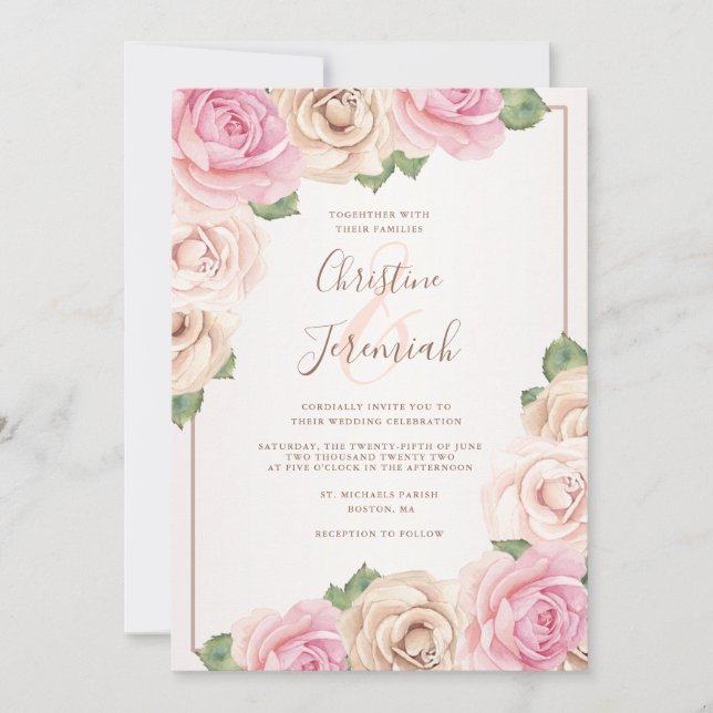 Elegante Blush Pink Rose Blumenhochzeit Einladung (Vorderseite)