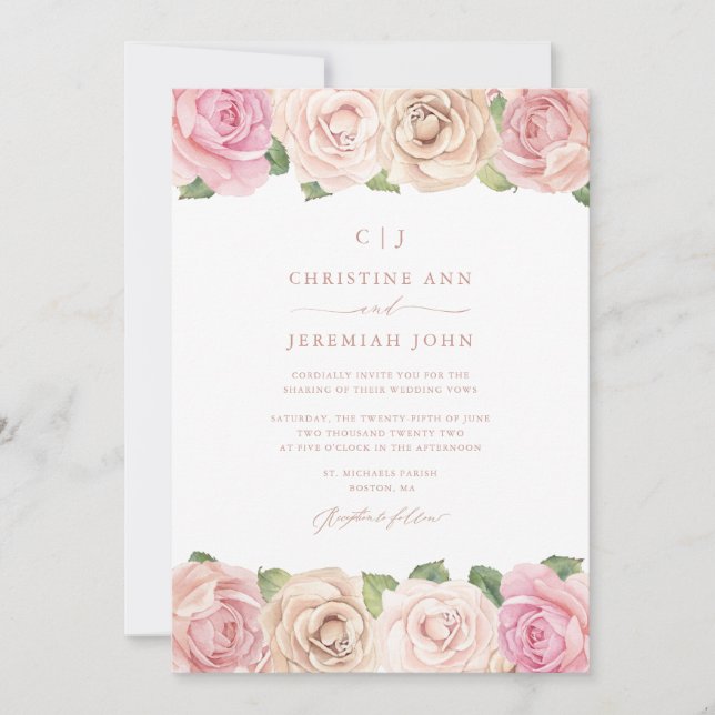 Elegante Blush Pink Rose Blumenhochzeit Einladung (Vorderseite)