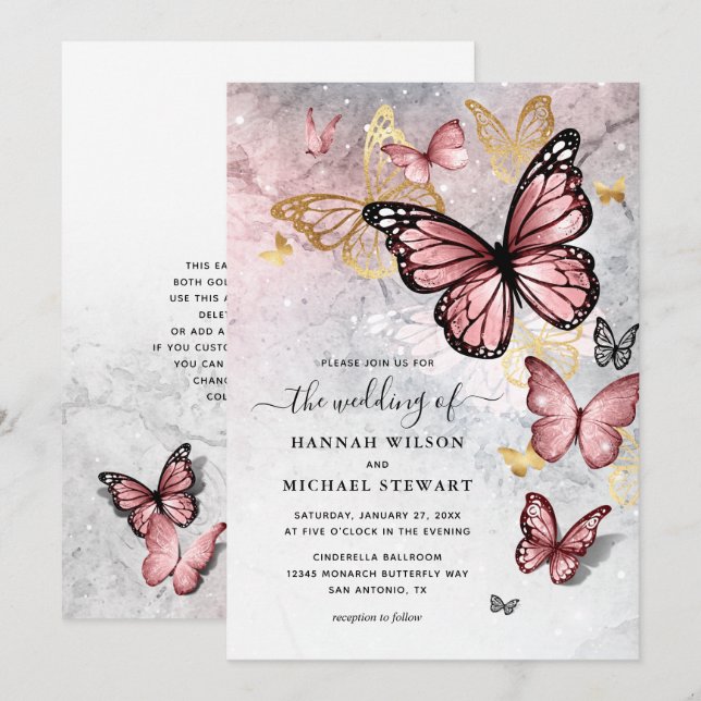 Elegante Blush Pink Rose Gold Butterfly Hochzeit Einladung (Vorne/Hinten)