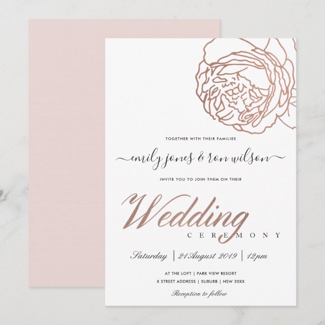 ELEGANTE BLUSH PINK ROSE GOLD FLORAL WEDD EINLADUNG (Vorne/Hinten)