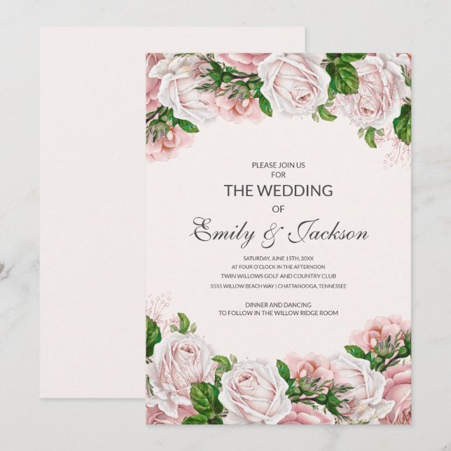 Elegante Blush Pink Rose Hochzeit Einladung (Vorne/Hinten)