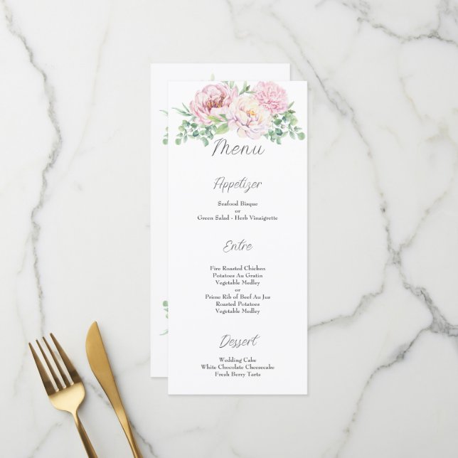Elegante Blush Pink Roses Bläserne Hochzeit Menükarte (Vorderseite/Rückseite Beispiel)