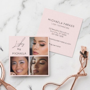 Elegante Blush-Pink-Schwarze Schrift 3 Foto-Wimper Quadratische Visitenkarte