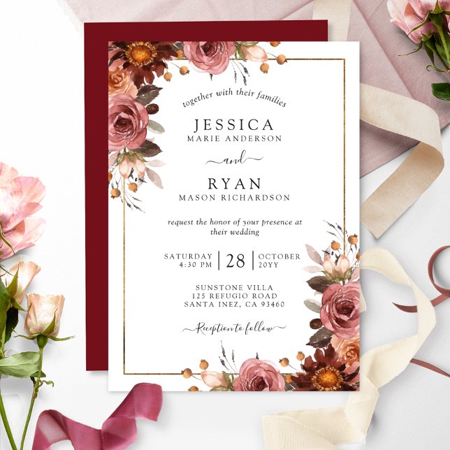 Elegante Blush Pink- und Burgundy-Blumenhochzeit Einladung (Von Creator hochgeladen)