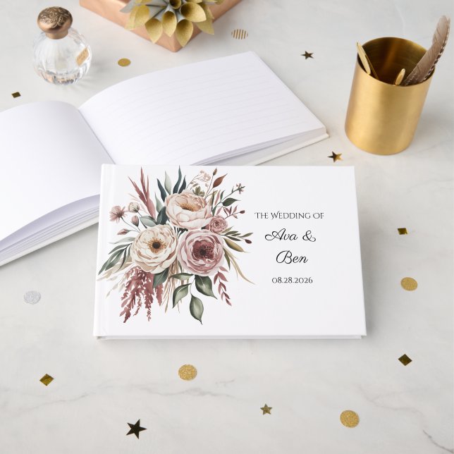 Elegante Blush Pink Wasserfarben Blumenzehen Gästebuch (Vorderseite Offen)