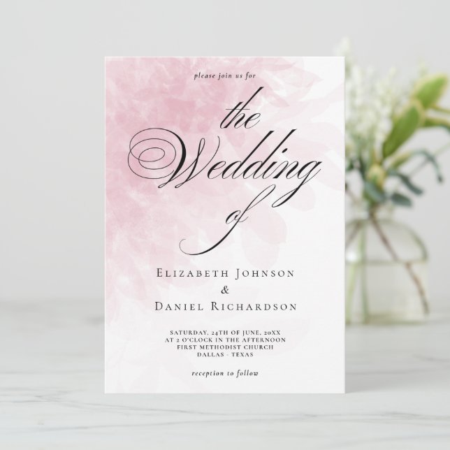 Elegante Blush Pink Watercolor Hochzeit Einladung (Stehend Vorderseite)