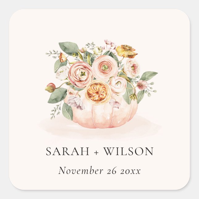 Elegante Blush Pink White Pumpkin Floral Wedding Quadratischer Aufkleber (Vorderseite)