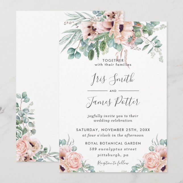 Elegante Blush Poppy Rose Blumengrün Hochzeit Einladung (Vorne/Hinten)