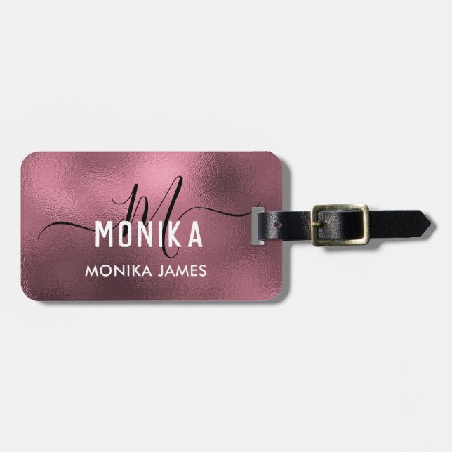 Elegante Blush Rose Gold Foil Monogram Custom Gepäckanhänger (Vorderseite horizontal)