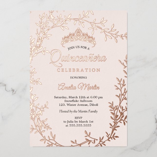 Elegante Blush Rose Gold Leaf Wreath Quinceanera Folieneinladung (Vorderseite)