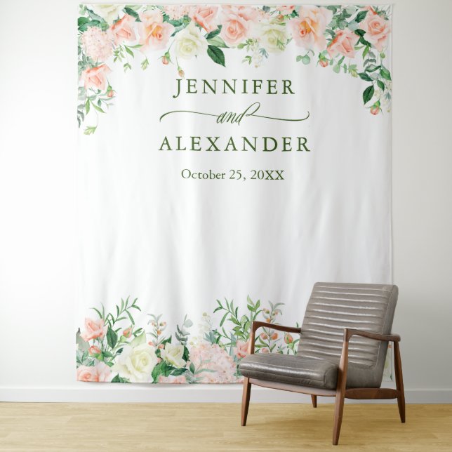 Elegante Blush-Rose Hochzeit-Foto-Stand im Hinterg Wandteppich (Beispiel)