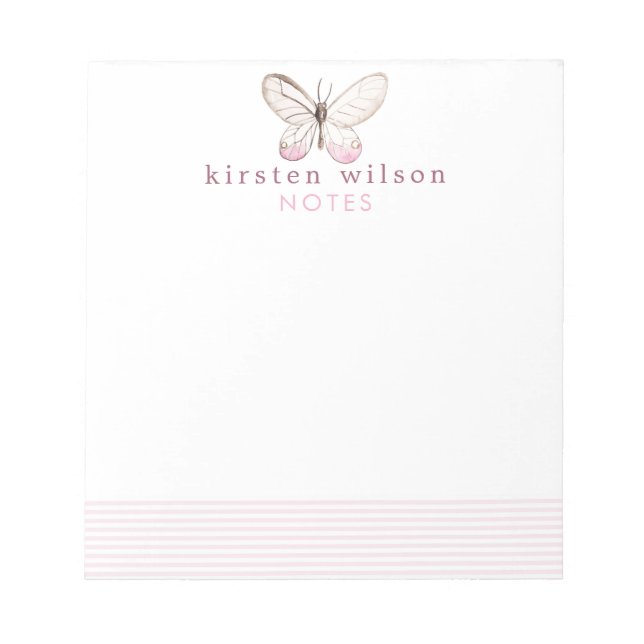 Elegante Blush Stripes & Butterfly - Personalisier Notizblock (Vorderseite)