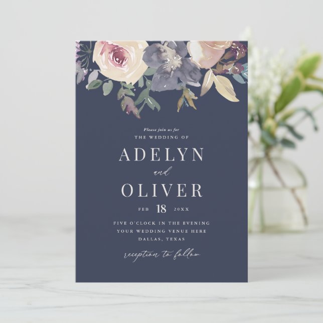Elegante Blush und blumenreiche Hochzeitsfeier Einladung (Stehend Vorderseite)