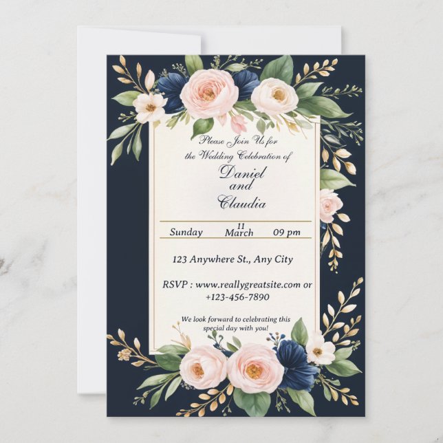 Elegante Blush und blumenreiche Hochzeitsfeier Einladung (Vorderseite)