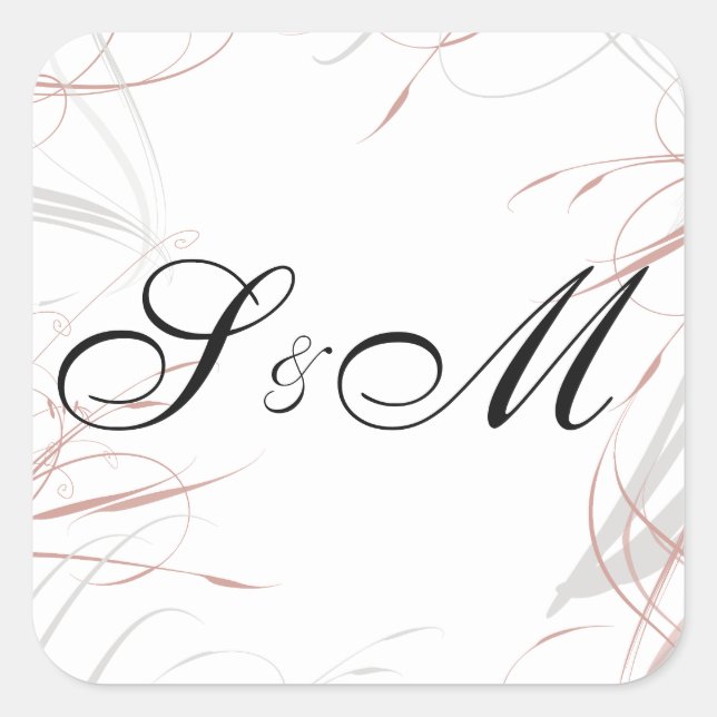 Elegante Blush und Gray Wirbel Mit Monogramm Hochz Quadratischer Aufkleber (Vorderseite)