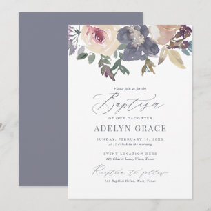 Elegante Blush-und Navy-Floral-Girl-Taufe Einladung