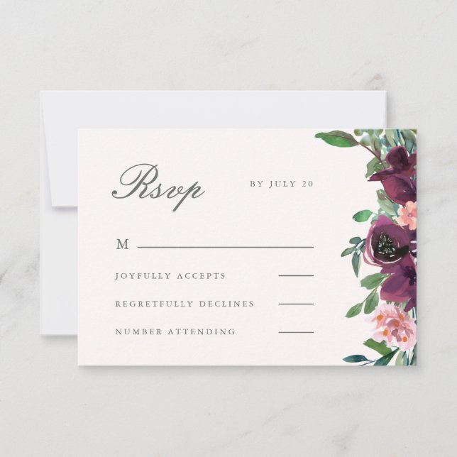 Elegante Blush und Pflaumenblütenhochzeit RSVP Karte (Vorderseite)