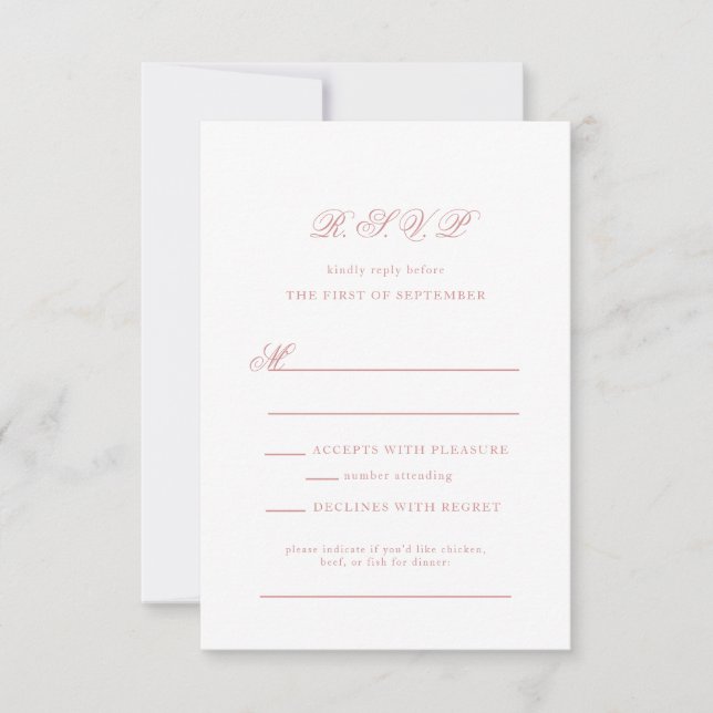 Elegante Blush und Rose Einfache Hochzeit RSVP Karte (Vorderseite)