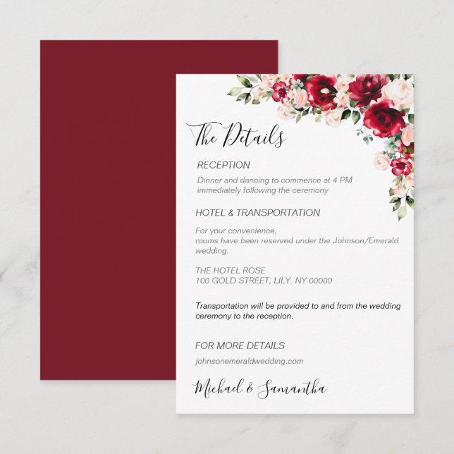 Elegante Blush und Rote Rosen Hochzeit Begleitkarte (Vorne/Hinten)