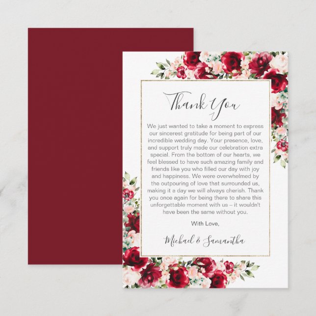 Elegante Blush und Rote Rosen Hochzeit Dankeskarte (Vorne/Hinten)