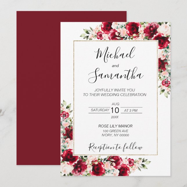 Elegante Blush und Rote Rosen Hochzeit Einladung (Vorne/Hinten)