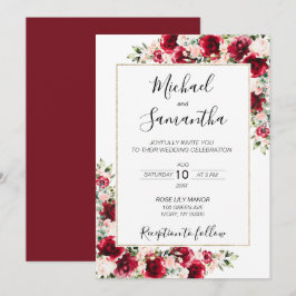 Elegante Blush und Rote Rosen Hochzeit Einladung