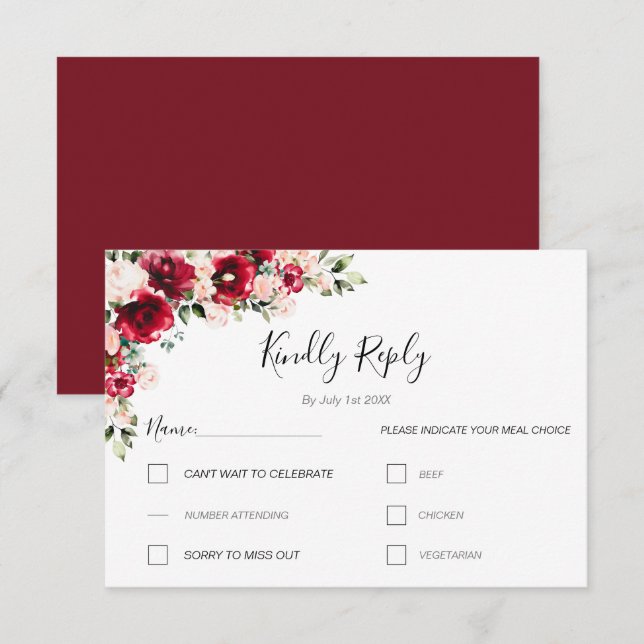 Elegante Blush und Rote Rosen Hochzeit RSVP Karte (Vorne/Hinten)