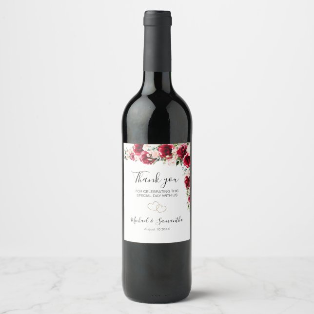 Elegante Blush und Rote Rosen Hochzeit Weinetikett (Vorderseite)