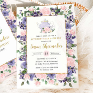 Elegante Blush- und violette Floral-Teeparty-Gebur Einladung