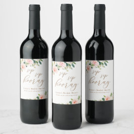 Elegante Blush Wasserfarbe Blumenstrauß Sip Hooray Weinetikett