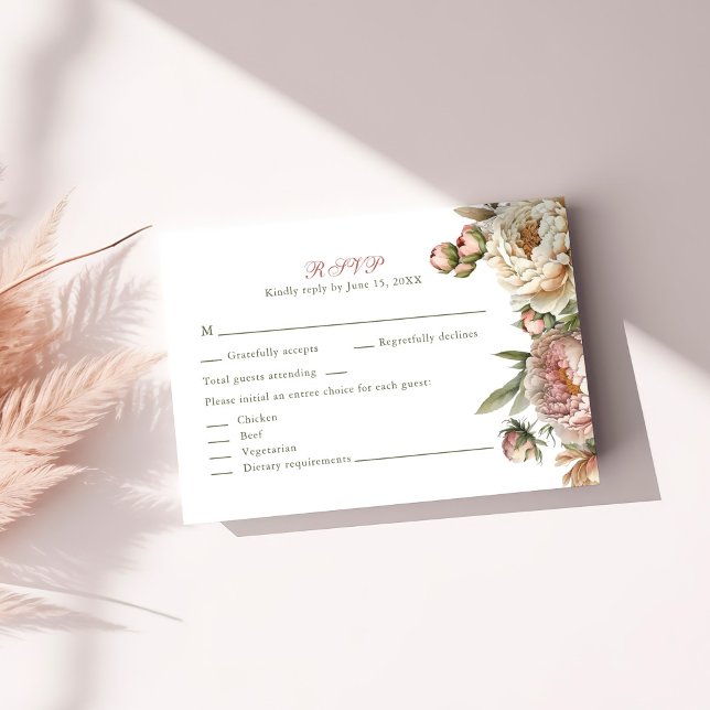Elegante Blush Wasserfarbe Peonies RSVP Karte (Elegant Blush Watercolor Peonies RSVP Card on a sunny table.)