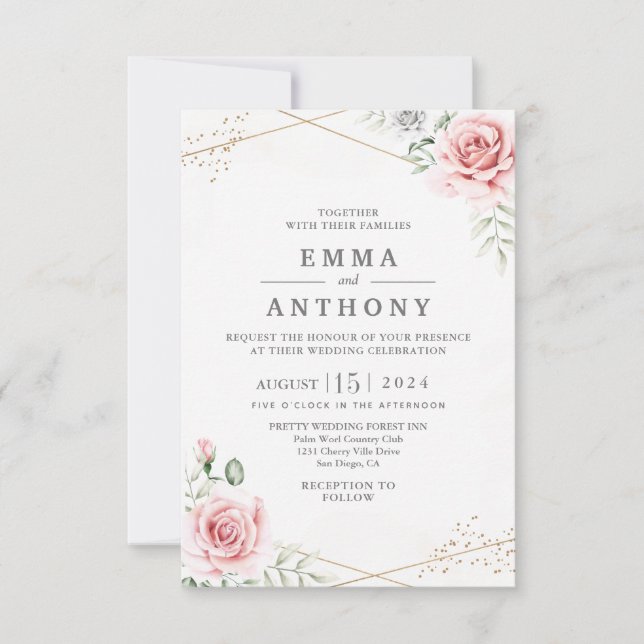 Elegante Blush Wasserfarben Einladung zur Hochzeit (Vorderseite)
