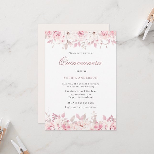 Elegante Blush Wasserfarben Rose Quinceanera Einladung (Vorderseite/Rückseite Beispiel)