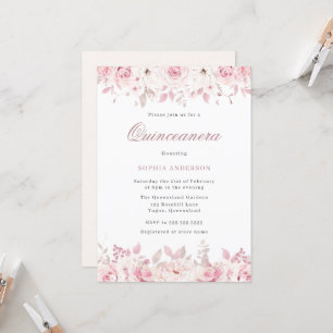 Elegante Blush Wasserfarben Rose Quinceanera Einladung