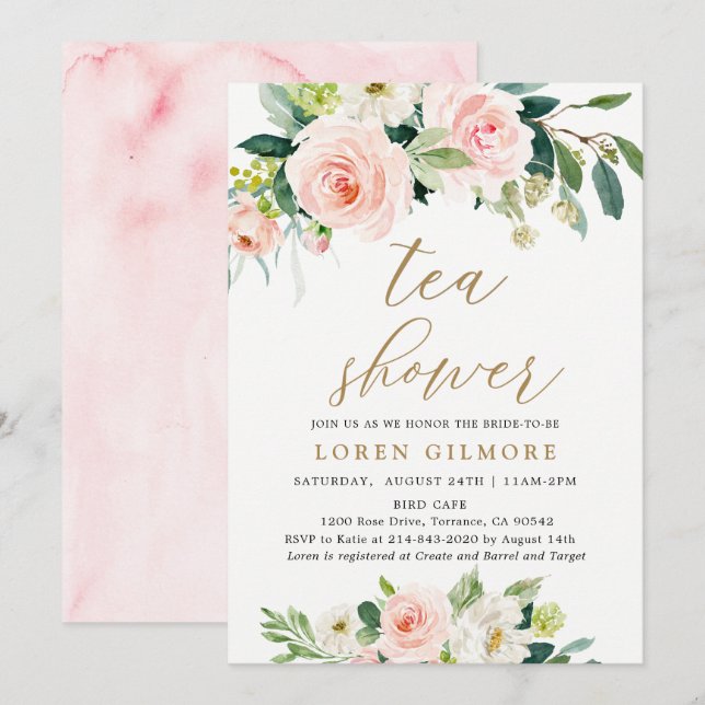 Elegante Blush Wasserfarben Teatro Flora Dusche Einladung (Vorne/Hinten)