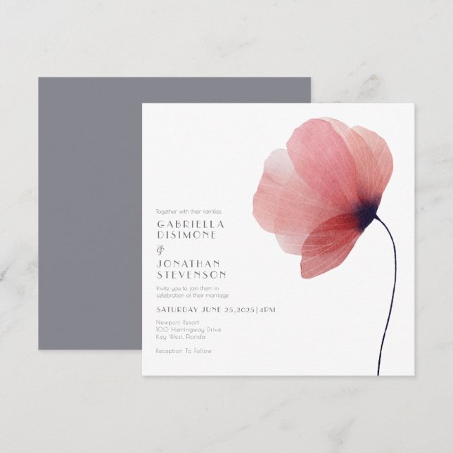 Elegante Blush Watercolor Poppy Gray Wedding Einladung (Vorne/Hinten)