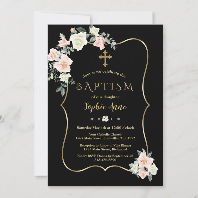 Elegante Blush White Blume Gold Black Taufen Einladung (Vorderseite)