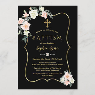 Elegante Blush White Blume Gold Black Taufen Einladung