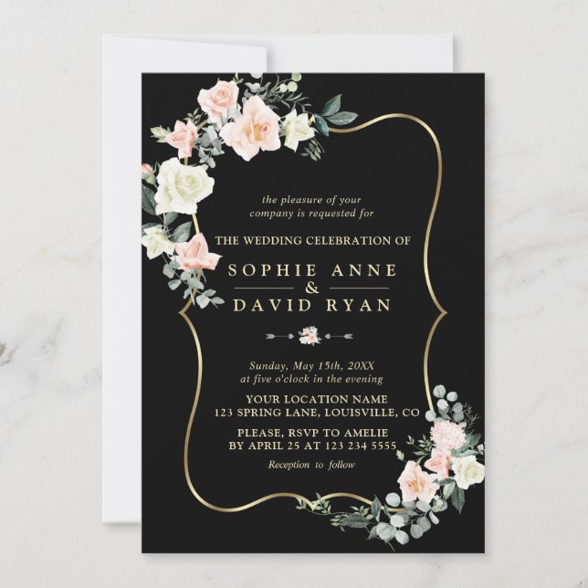 Elegante Blush White Blume Gold Black Wedding Einladung (Vorderseite)