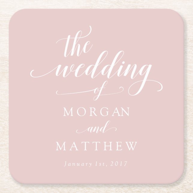Elegante Blush & White Calligraphy Wedding Rechteckiger Pappuntersetzer (Vorderseite)