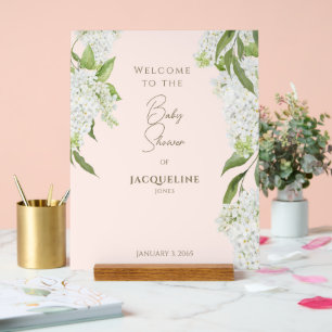 Elegante Blush White Floral Baby Dusche Willkommen Acrylschild