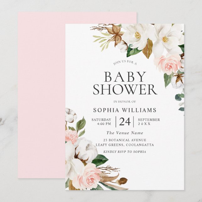 Elegante Blush White Watercolor Blume Babydusche Einladung (Vorne/Hinten)