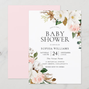 Elegante Blush White Watercolor Blume Babydusche Einladung