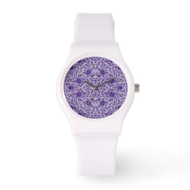 Elegante Blüte Lila Damask Armbanduhr (Vorderseite)