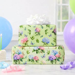 Elegante Blüten-Hortensie-Schmetterling Grün Gesch Geschenkpapier