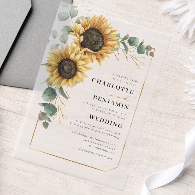Elegante Blütenblume Eukalyptus Wedding (Floral Watercolor Sunflower Eucalyptus Greenery Wedding Vellum Invitation)